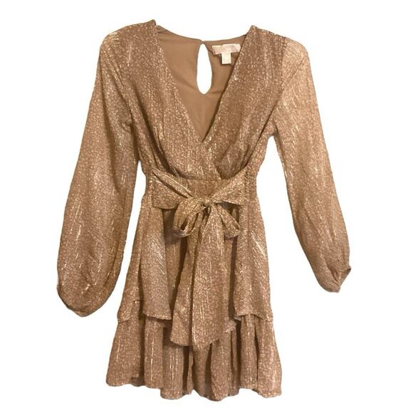 Michael Kors Metallic Gold Shimmer XXS Long Sleeve Mini Dress Party Ruffle Hem - Picture 2 of 16